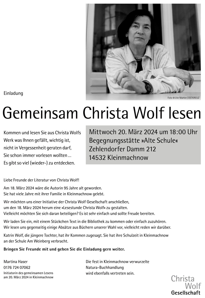 Lesung zu Ehren von Christa Wolf: Entdecken und Erinnern am 20. März, Kleinmachnow