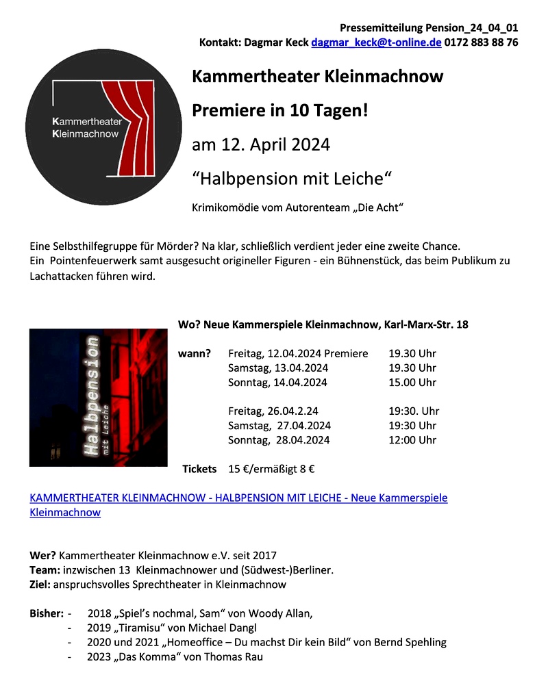 Krimikomödie im Kammertheater Kleinmachnow: „Halbpension mit Leiche“, Kleinmachnow